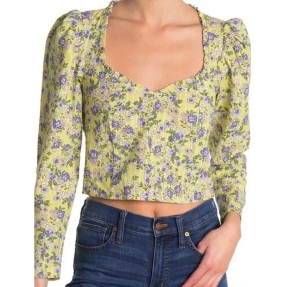 Topshop Floral Long Puff Sleeve Crop Top, Green - Size 2 - Picture 1 of 9